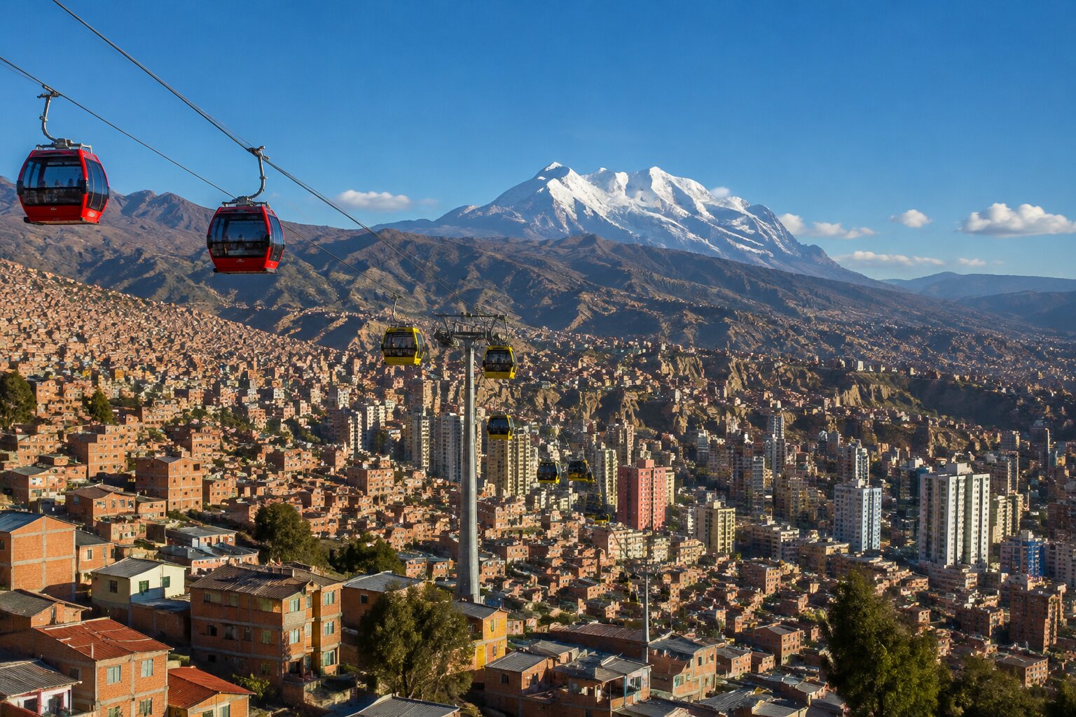 La Paz con el nevado Illimani al fondo y el teleférico sobre la ciudad