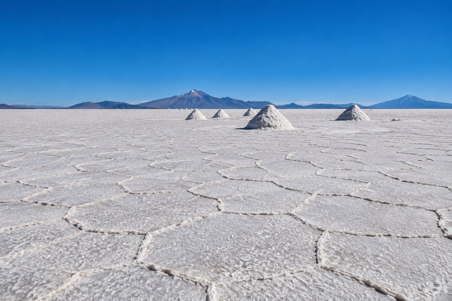 Los montones de sal y la costra hexagonal del Salar de Uyuni, cerca de Colchani