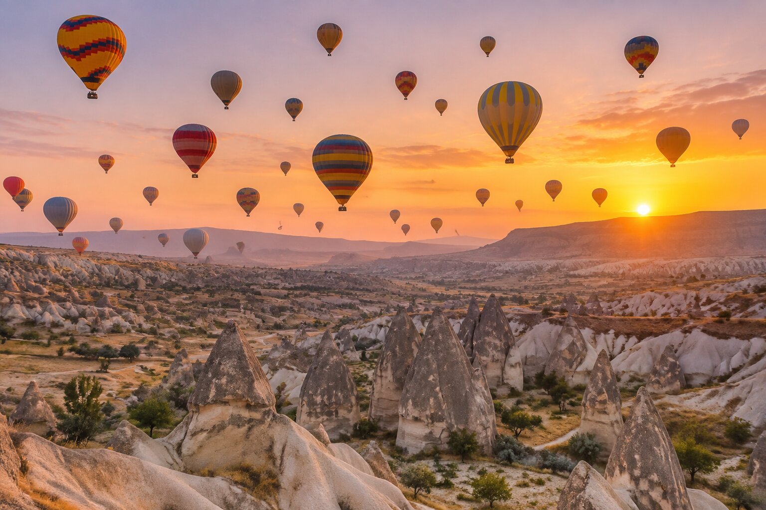Globos aerostáticos al amanecer sobre las chimeneas de hadas de Göreme, Capadocia
