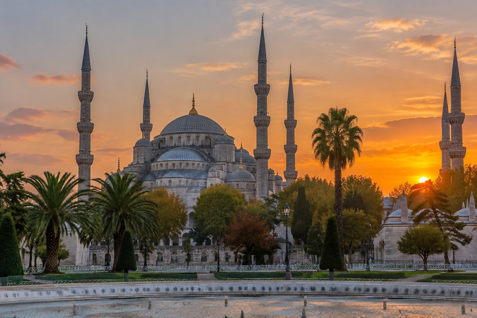 La Mezquita Azul de Estambul con sus seis minaretes al atardecer