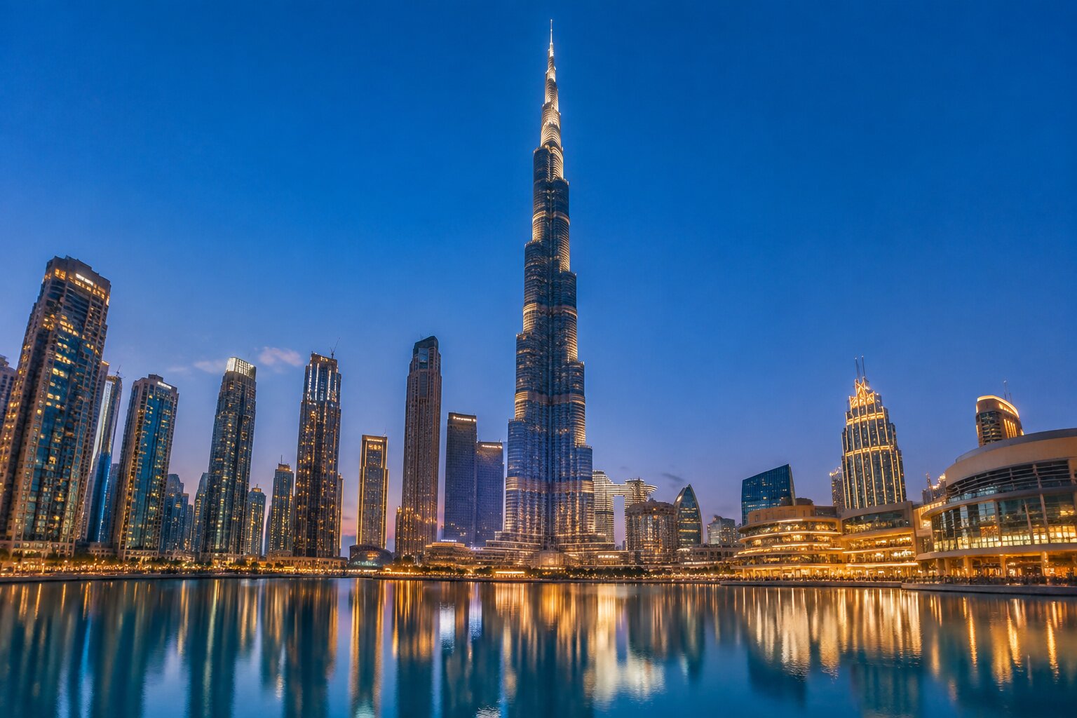 El Burj Khalifa y el centro de Dubái reflejados en el lago al anochecer