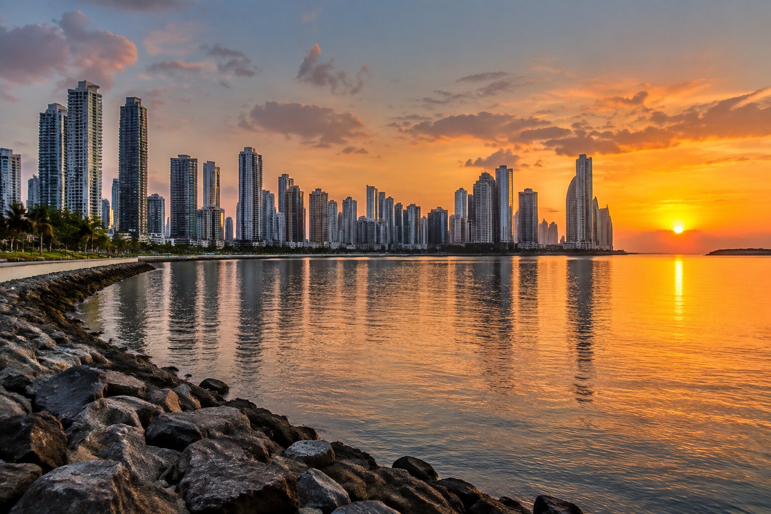 Los rascacielos de Ciudad de Panamá al atardecer desde la Cinta Costera