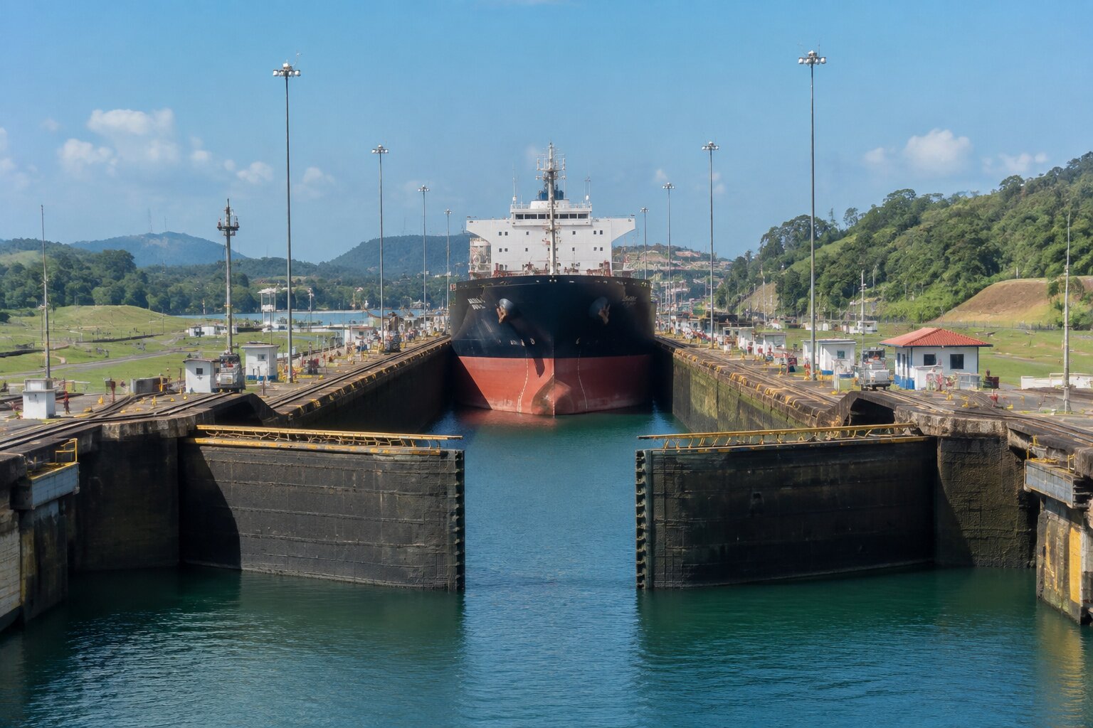 Un barco cruzando las esclusas de Miraflores del Canal de Panamá