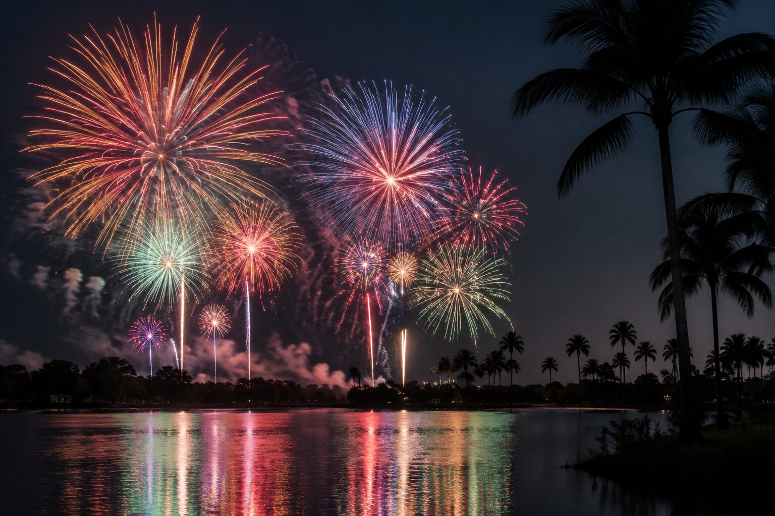 Fuegos artificiales sobre un lago en Orlando