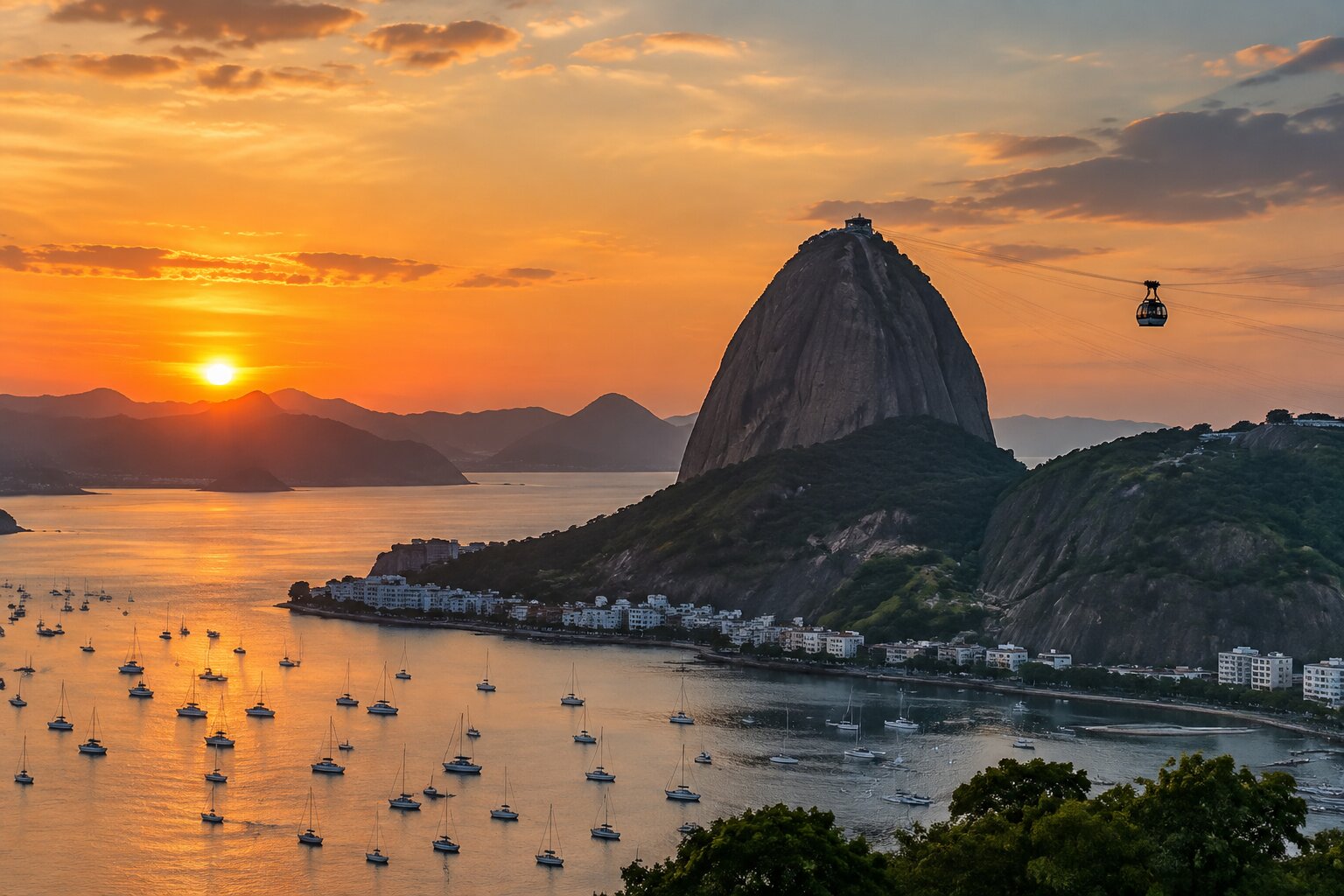 El Pan de Azúcar y su teleférico al atardecer