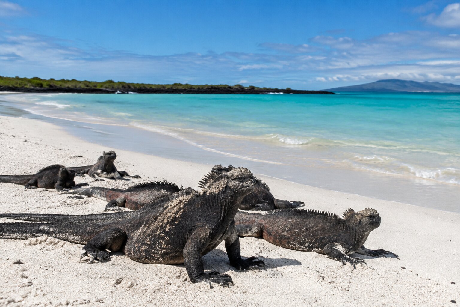 Iguanas marinas en la playa de Tortuga Bay, Santa Cruz