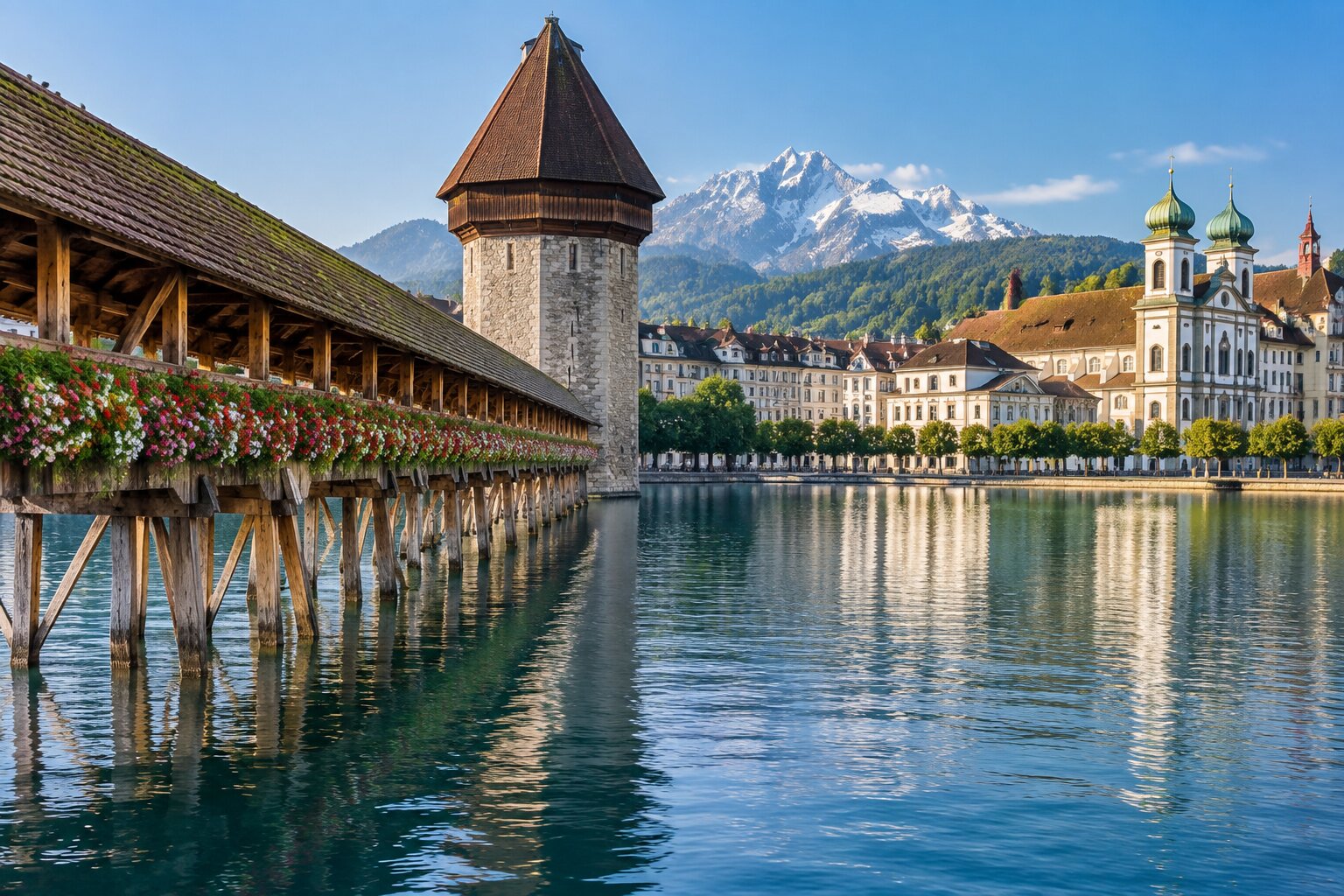 El Puente de la Capilla sobre el río Reuss en Lucerna, Suiza