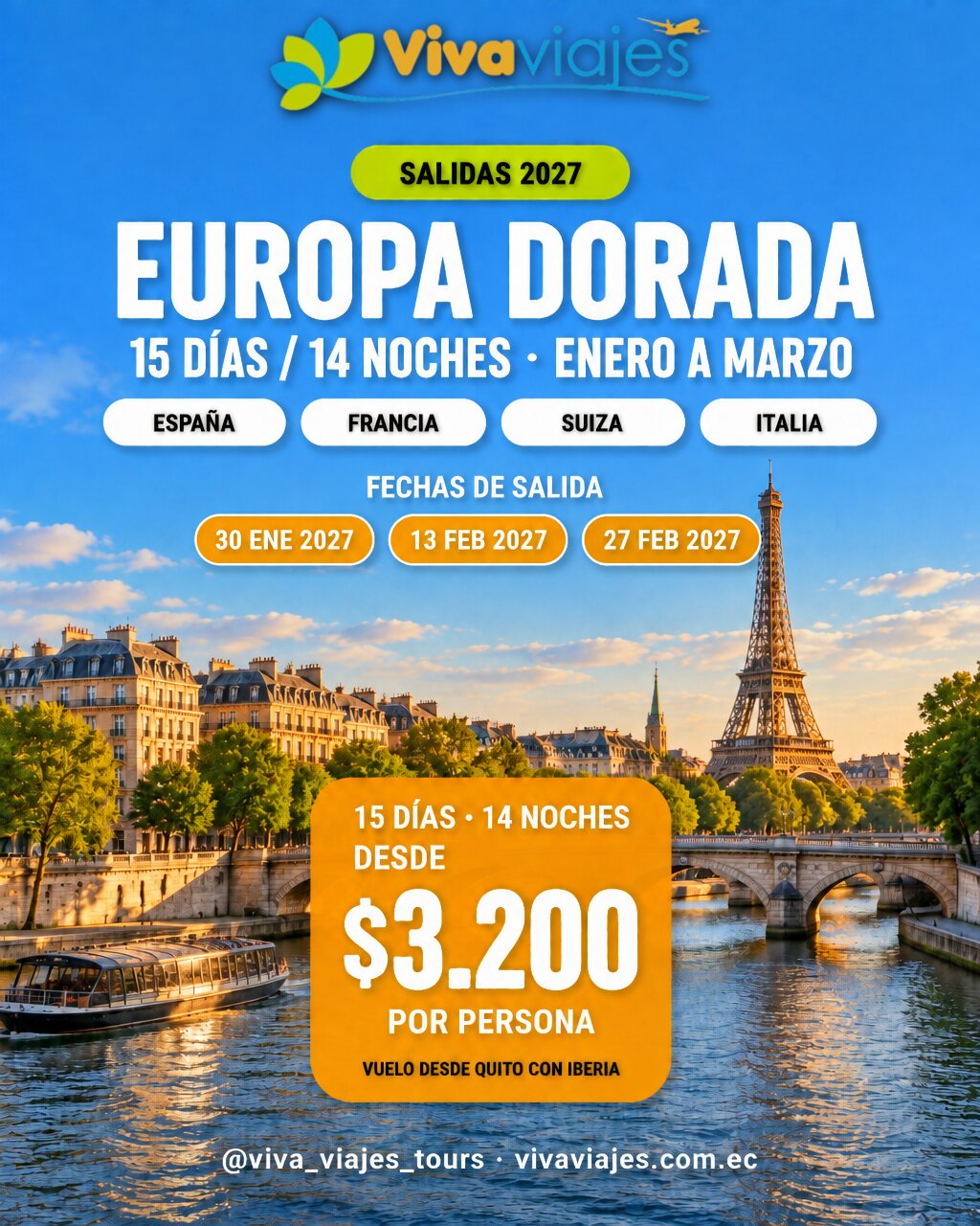 Europa Dorada 2027: salidas 30 de enero, 13 y 27 de febrero 2027, 15 días desde $3.200 por persona con vuelo Iberia desde Quito
