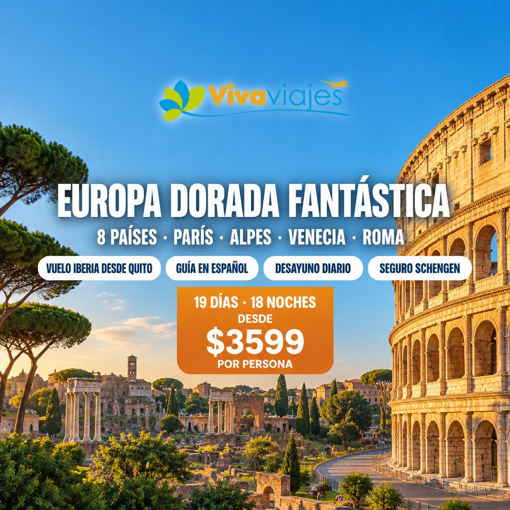 Paquete Europa Dorada Fantástica 2027: 19 días por 8 países de Europa desde $3599 por persona, con el Coliseo de Roma al atardecer