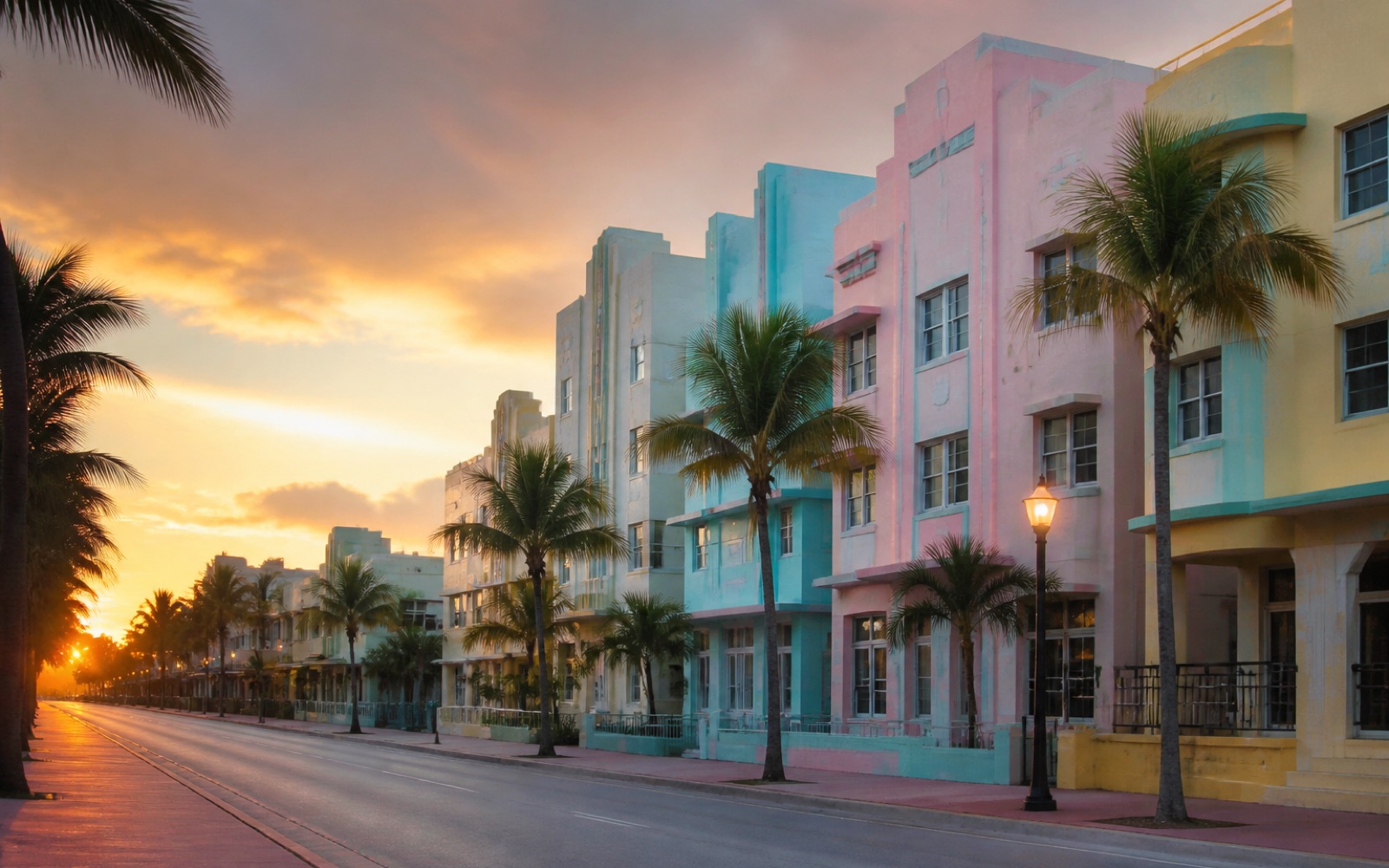 Edificios art déco de colores pastel en Ocean Drive, Miami Beach