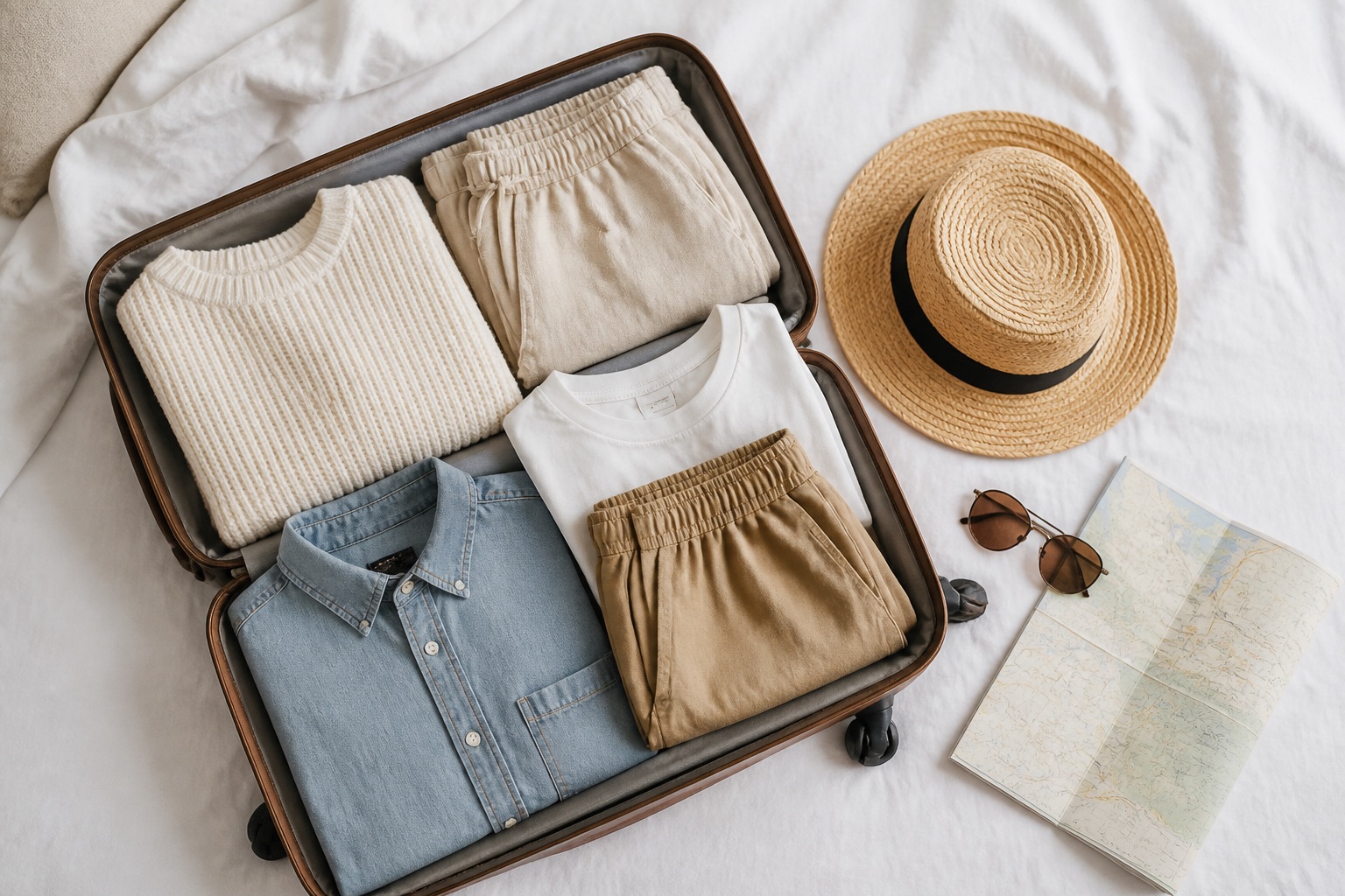 Maleta abierta sobre una cama, con ropa doblada, un sombrero de paja, gafas de sol y un mapa de papel.