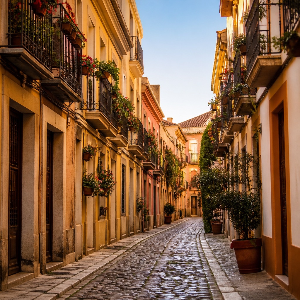 Calle europea empedrada con balcones de hierro y macetas de flores, a primera hora de la mañana.
