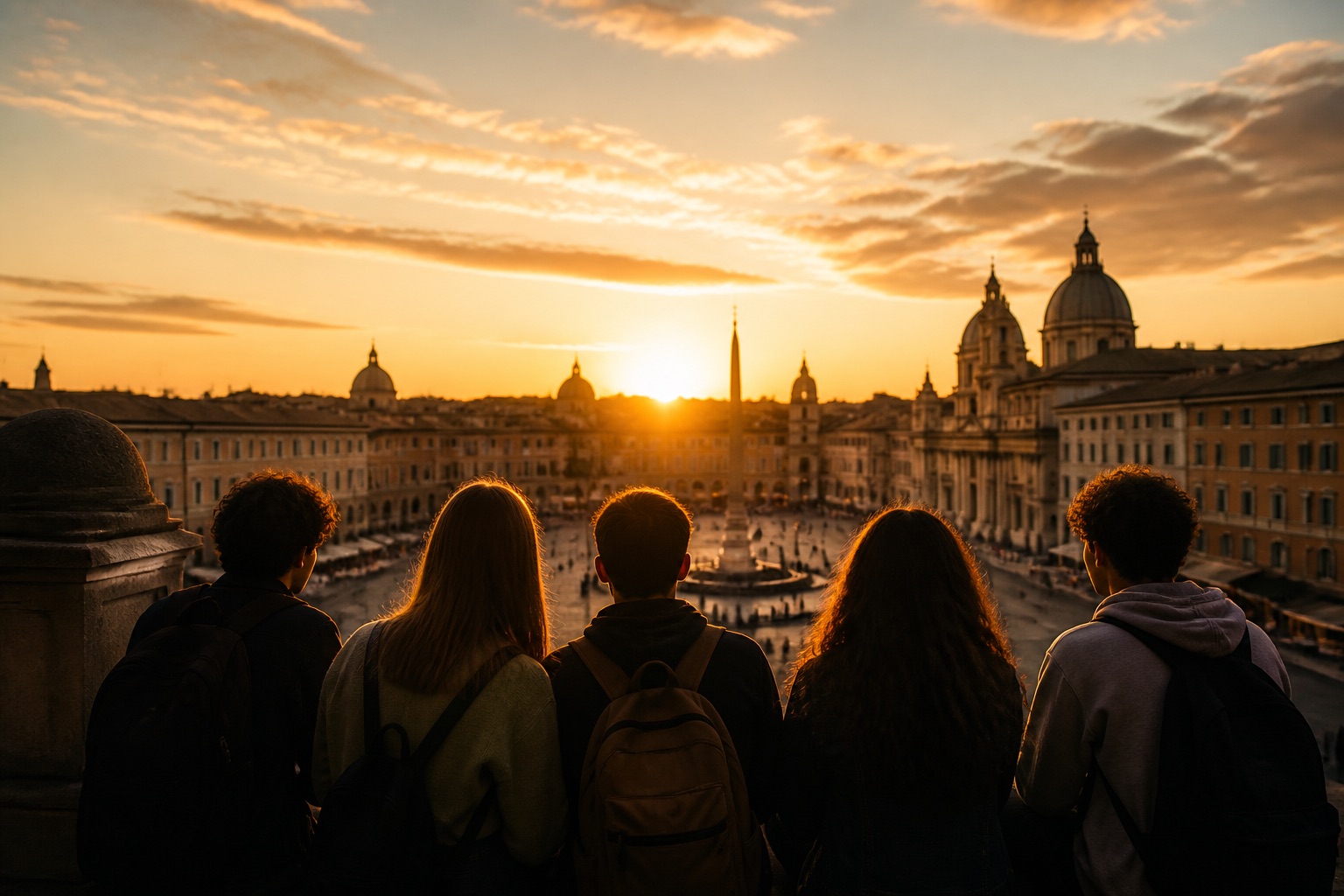 Un grupo de adolescentes, de espaldas, mira una gran plaza europea al atardecer.
