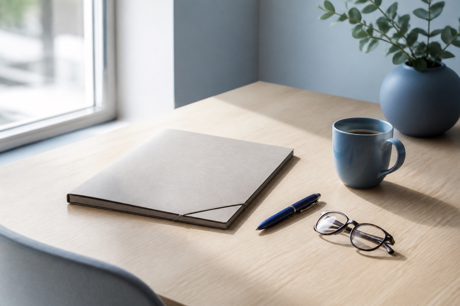 Escritorio junto a una ventana con una carpeta cerrada, un bolígrafo, unas gafas y una taza de café.